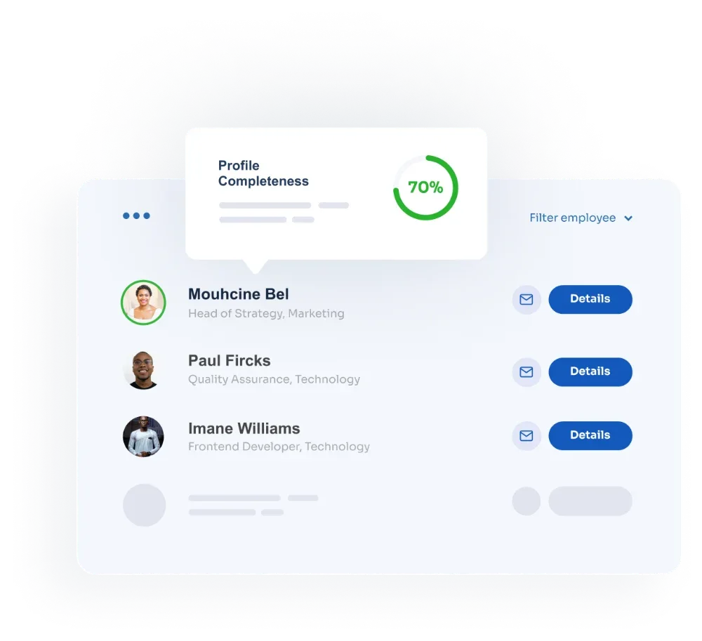 SeamlessHR employee directory showing employee profiles and profile completeness