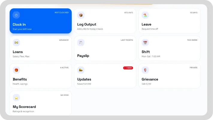 SeamlessHR self-service home with clock-in, leave and payslip options